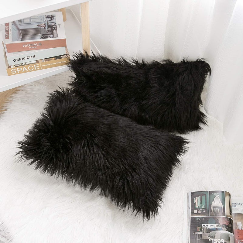 WLNUI Set of 2 Black Decorative Lumbar Fluffy Pillow Covers New Luxury Series Merino Style Faux Fur Throw Pillow Covers Fuzzy Cushion Case Spring Easter Home Decor 12x20 Inch - Image 4